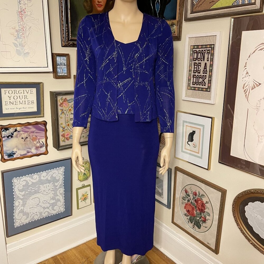 80s Vintage Alex Evenings Blue Evening Gown and Jacket Set with Sparkly Glitter